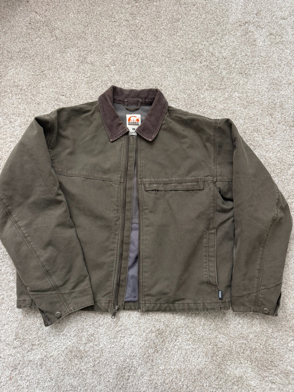 Vintage SOREL Men's Olive Duck Canvas Work Jacket with Corduroy Collar